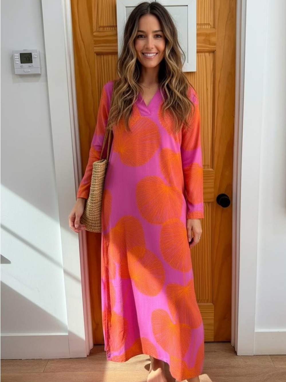 V-Neck Long Sleeve Pink and Orange Graphic Maxi Dress